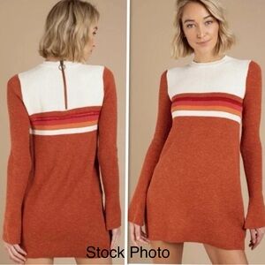 FREE PEOPLE Color block  Mini Sweater Dress Retro 70’s Style Rusty Red NWOT #528